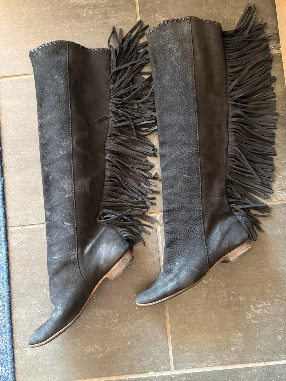 American Vintage Black Over-the-Knee Fringe Leather Boots